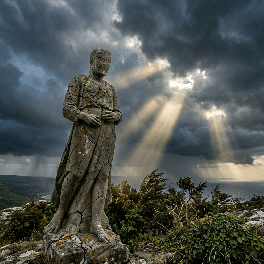 A weathered stone angel statue with cracks and moss under dramatic cloudy sky with sunbeams