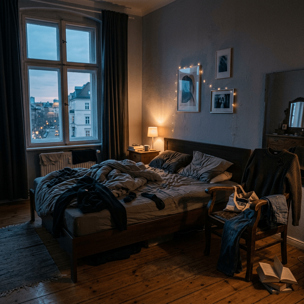 Bedroom with unmade bed, nightstand lamp, clothes on chair, and city view through window