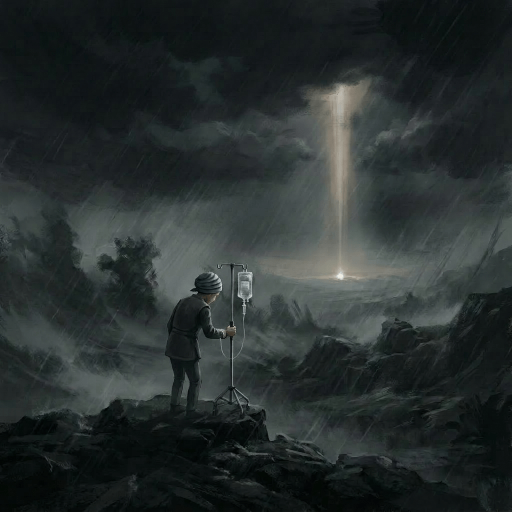 A solitary person in a rainstorm on rocky ground looking at a bright column of light breaking through dark clouds.