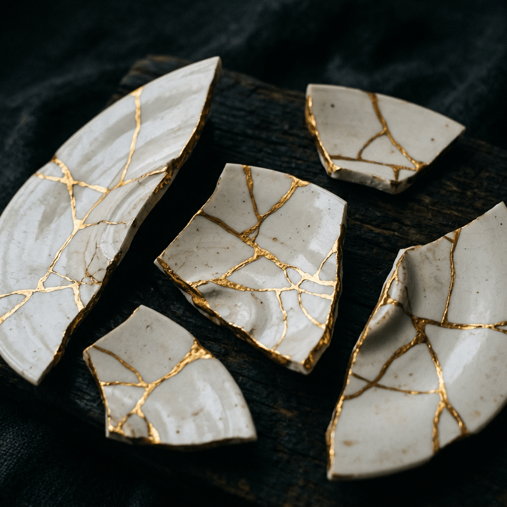 Broken white pottery pieces joined with visible gold lacquer lines using kintsugi technique