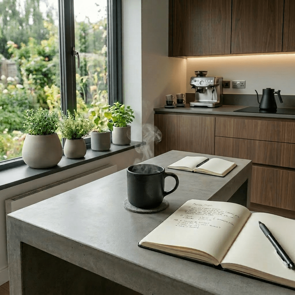 Wooden table with a steaming mug of coffee, an open notebook with handwritten notes, a pen, and a bowl with a croissant near a window with potted herbs