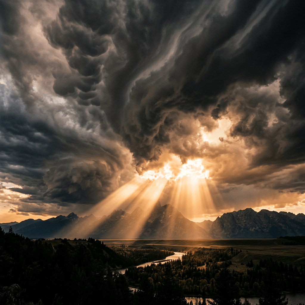 Sun rays shining through dark, swirling storm clouds over a river and distant mountains