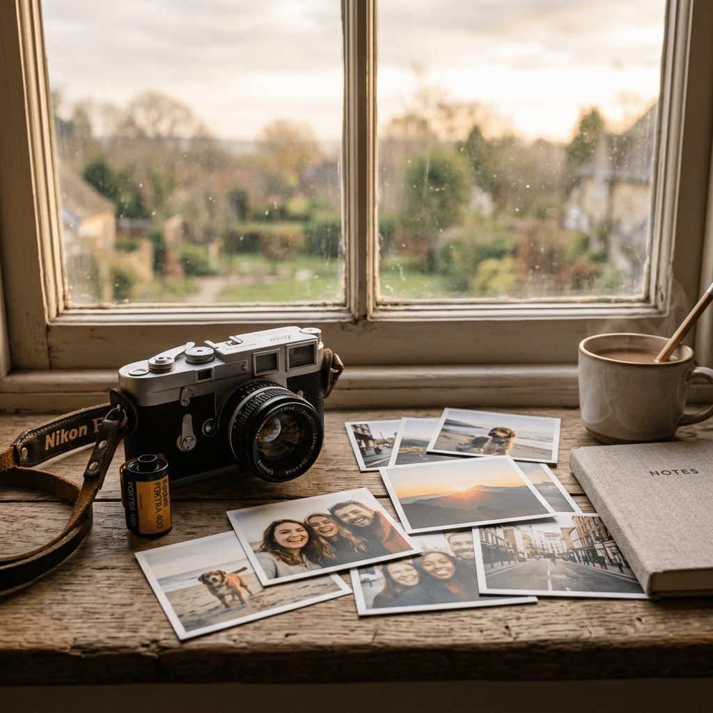 Vintage film camera with photos, coffee mug, and notebook on wooden windowsill