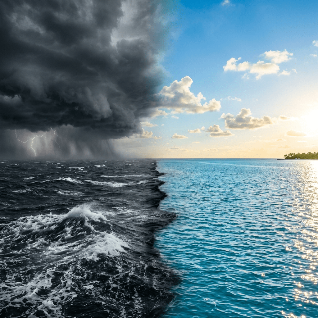 Ocean split with stormy weather and lightning on one side and calm water with sunny sky on the other