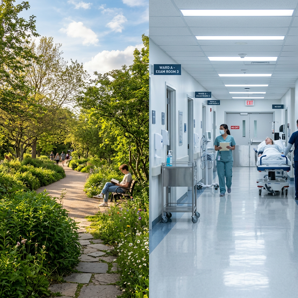 A person reading on a bench in a green park beside a hospital hallway with medical staff and a patient on a stretcher
