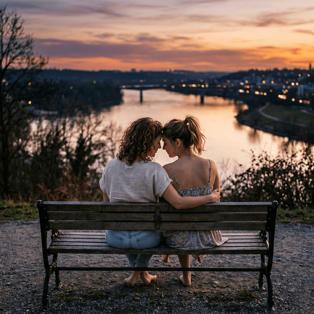 Two women, summer clothes, no coats, dusk bench