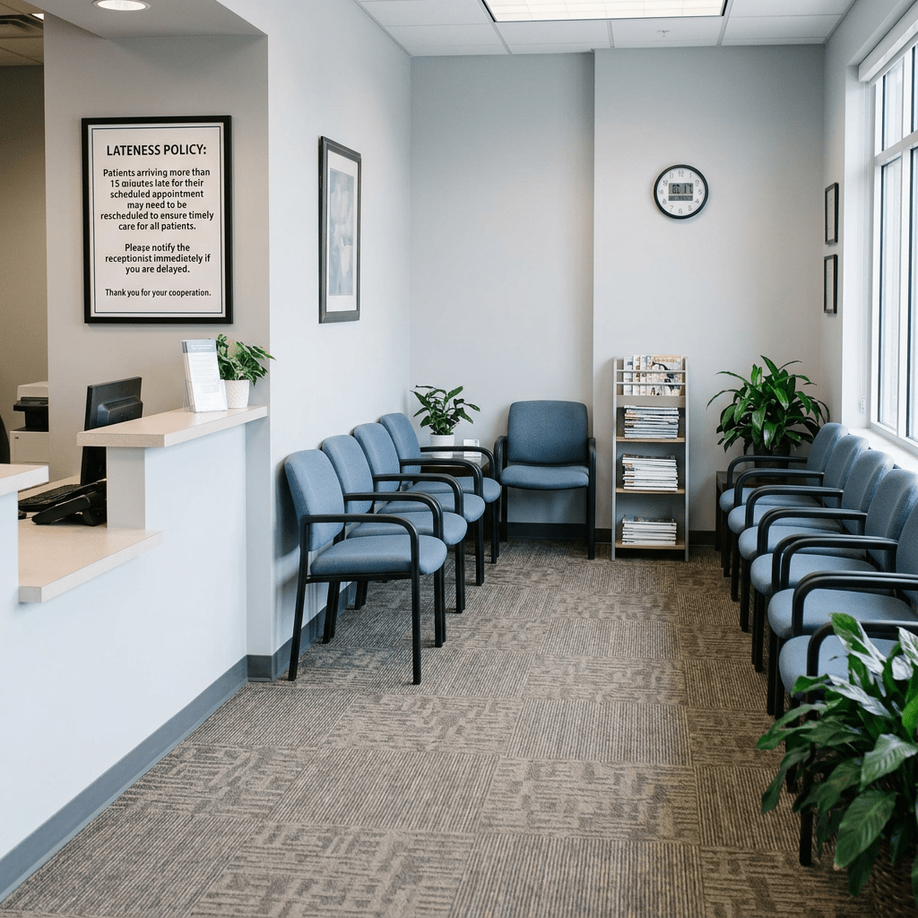 Waiting room with rows of chairs, potted plants, magazines, and a lateness policy sign