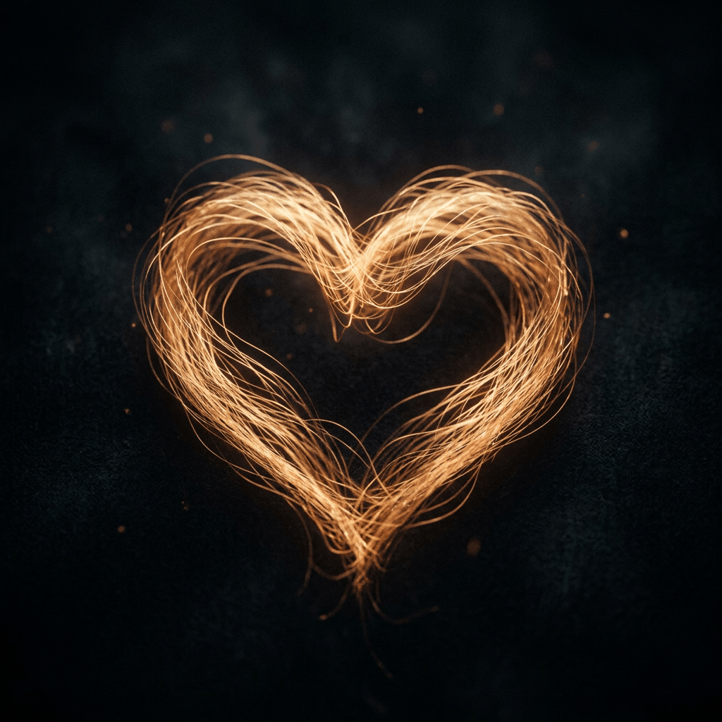 Golden light trails forming a heart shape on a dark background