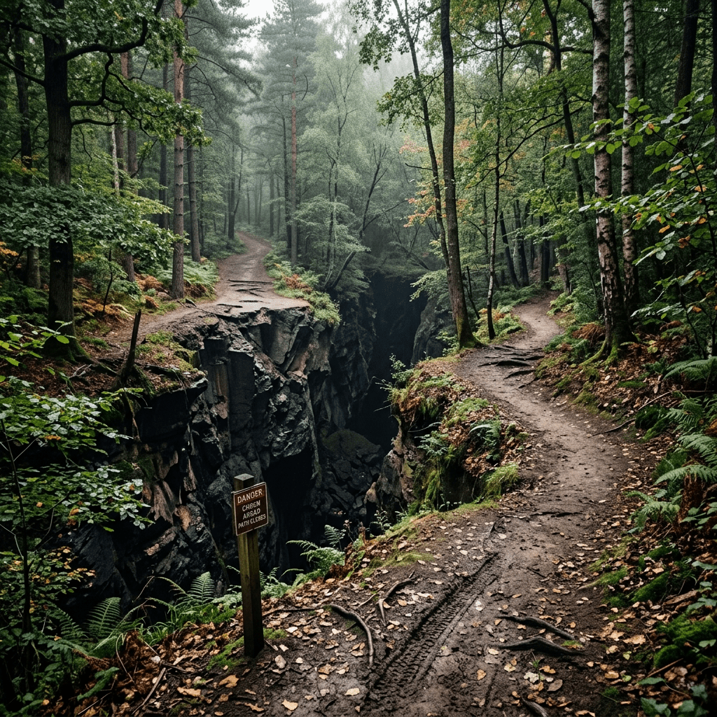 Forest trail diverging around a deep rocky ravine with a danger sign