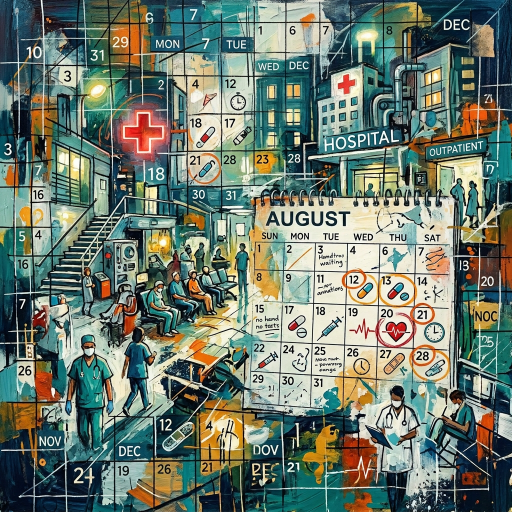 Hospital waiting room with medical staff and patients, overlayed by an October calendar marking pills, injections, and appointments