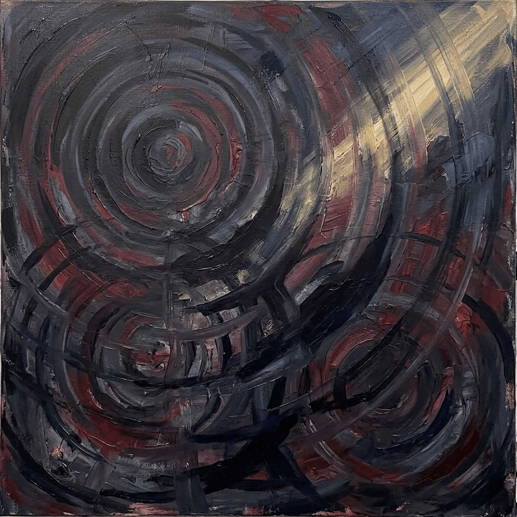 Abstract painting of dark spirals and sweeping red, gray, and gold brushstrokes