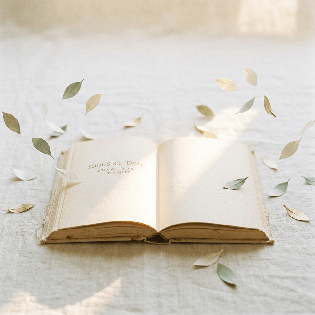 Open book reading “SOUL'S RENEWAL: FINDING SOLACE IN THE QUIET” surrounded by leaves