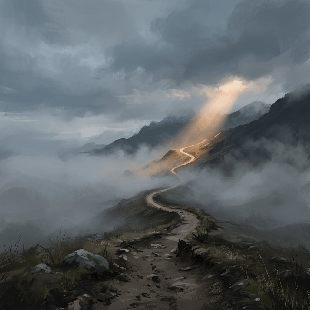 Winding mountain trail through misty peaks beneath storm clouds