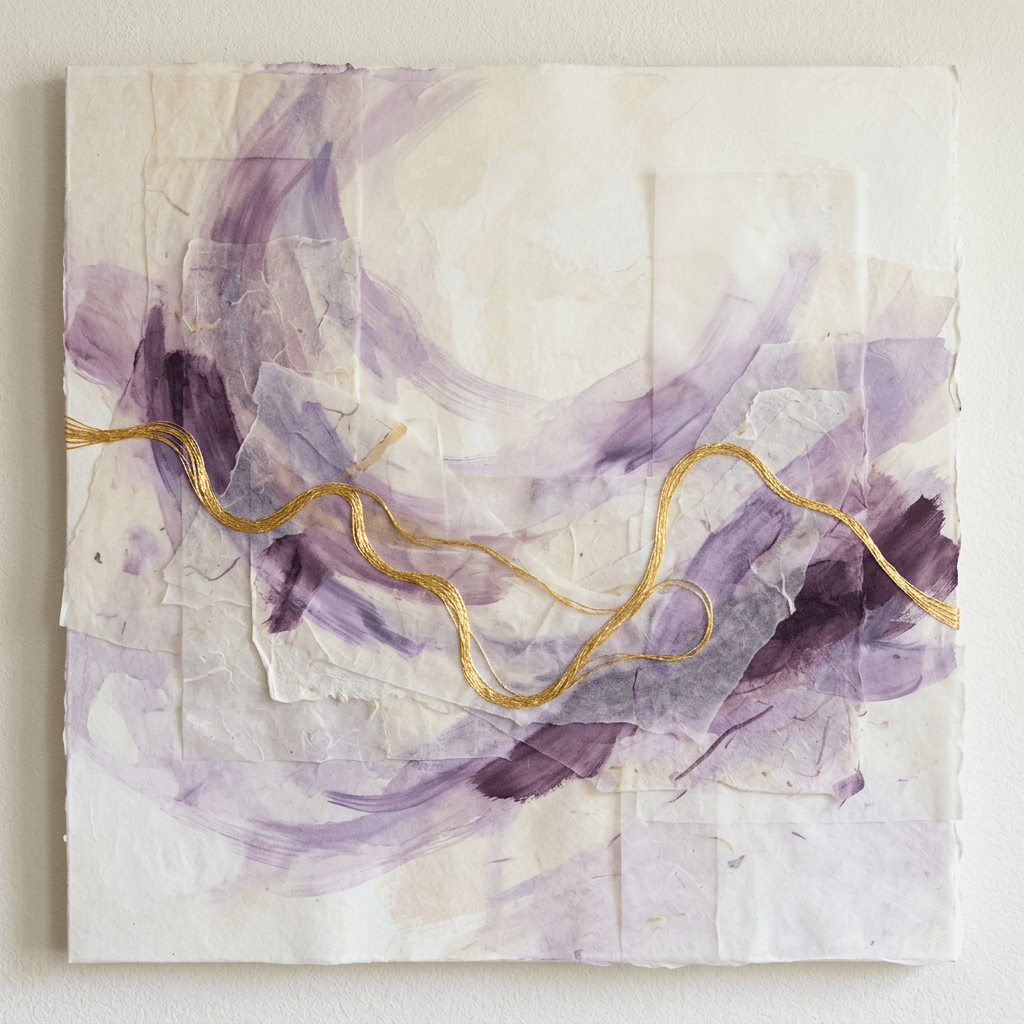 Abstract lavender and cream collage with a looping gold thread