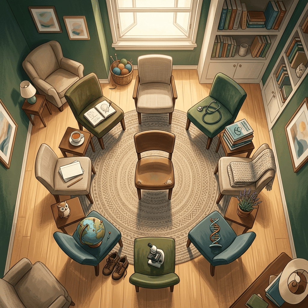 Cozy study room with chairs, books, crafts, and science objects