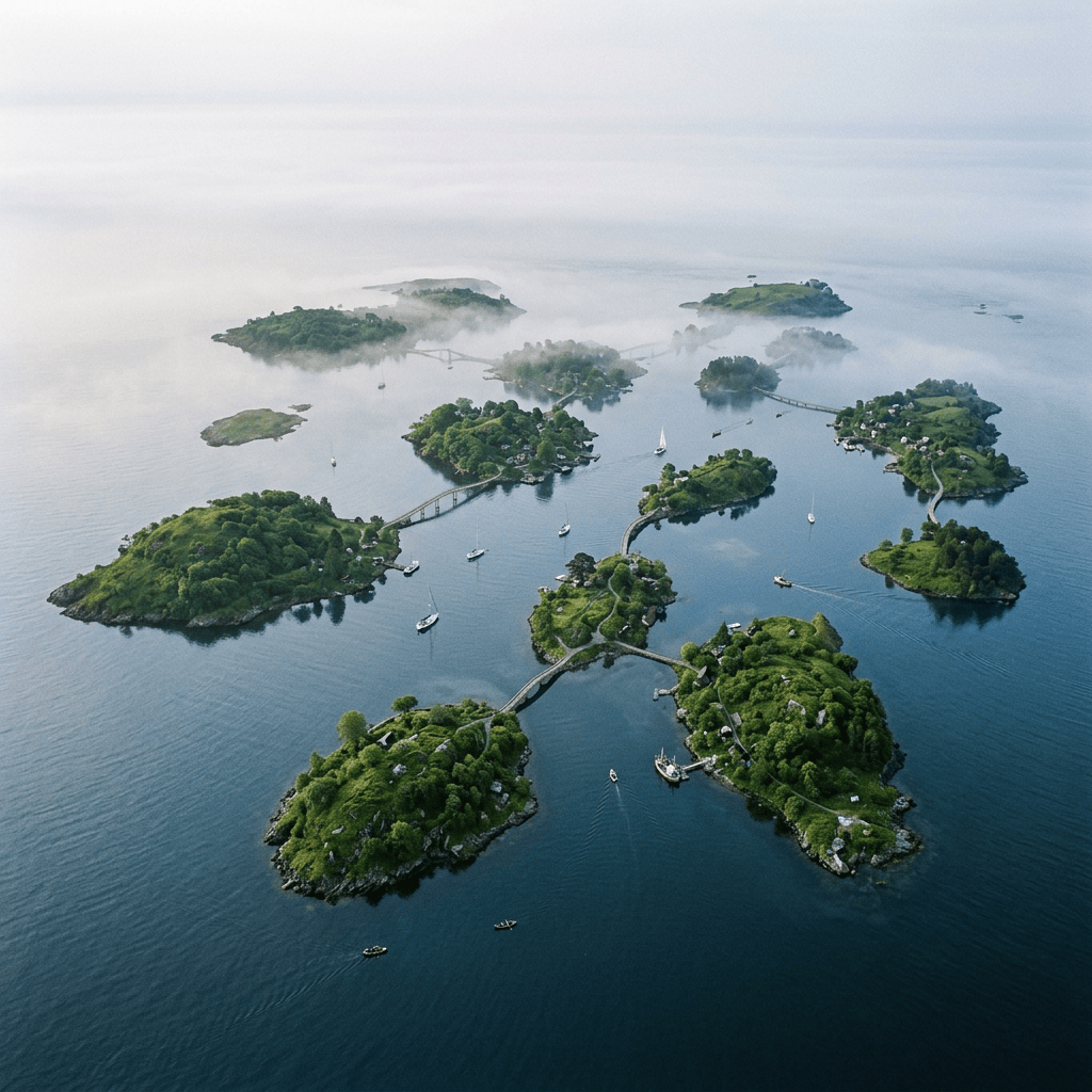 Aerial view of lush islands connected by bridges and surrounded by boats