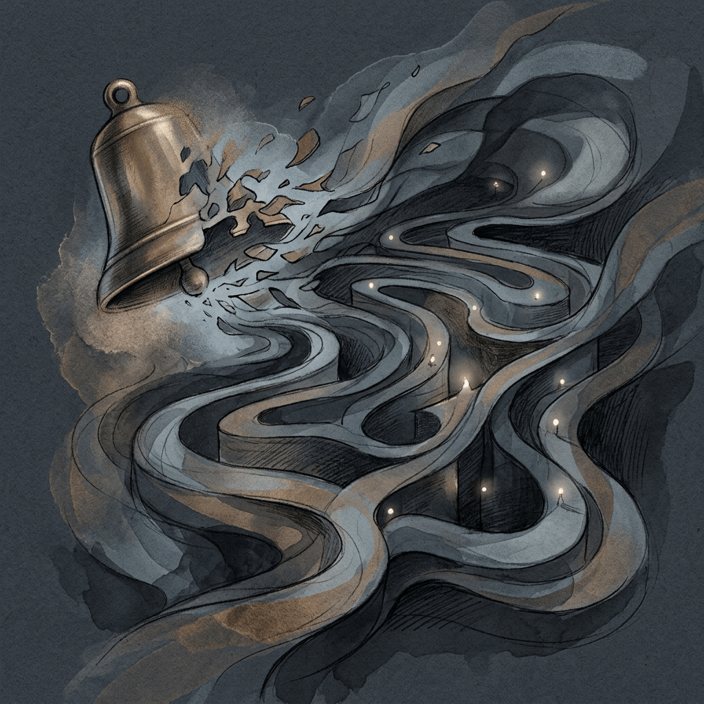 Bronze bell dissolving into flowing abstract ribbons and glowing points