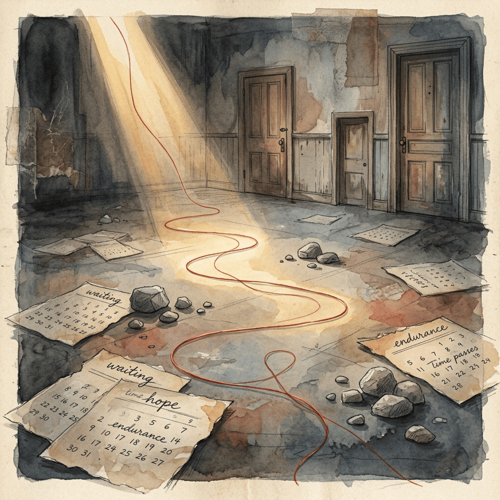 Watercolor hallway with doors, red thread, and papers labeled waiting, hope, endurance