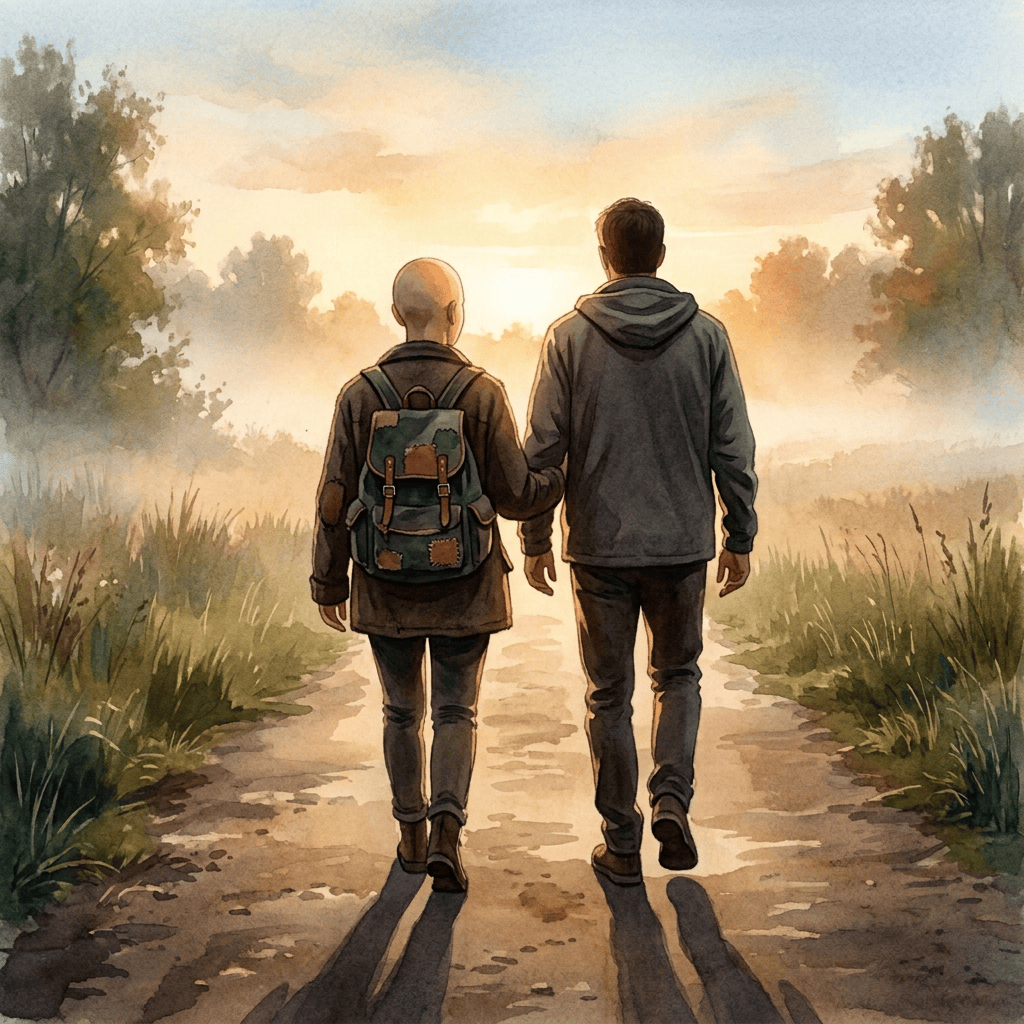 Bald woman carrying a weathered backpack