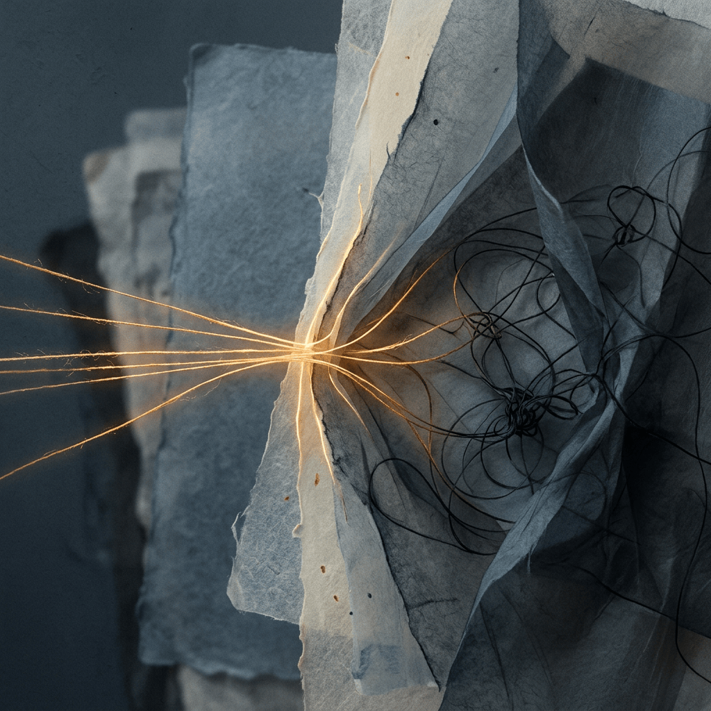 Golden threads converge across layered translucent gray fabric
