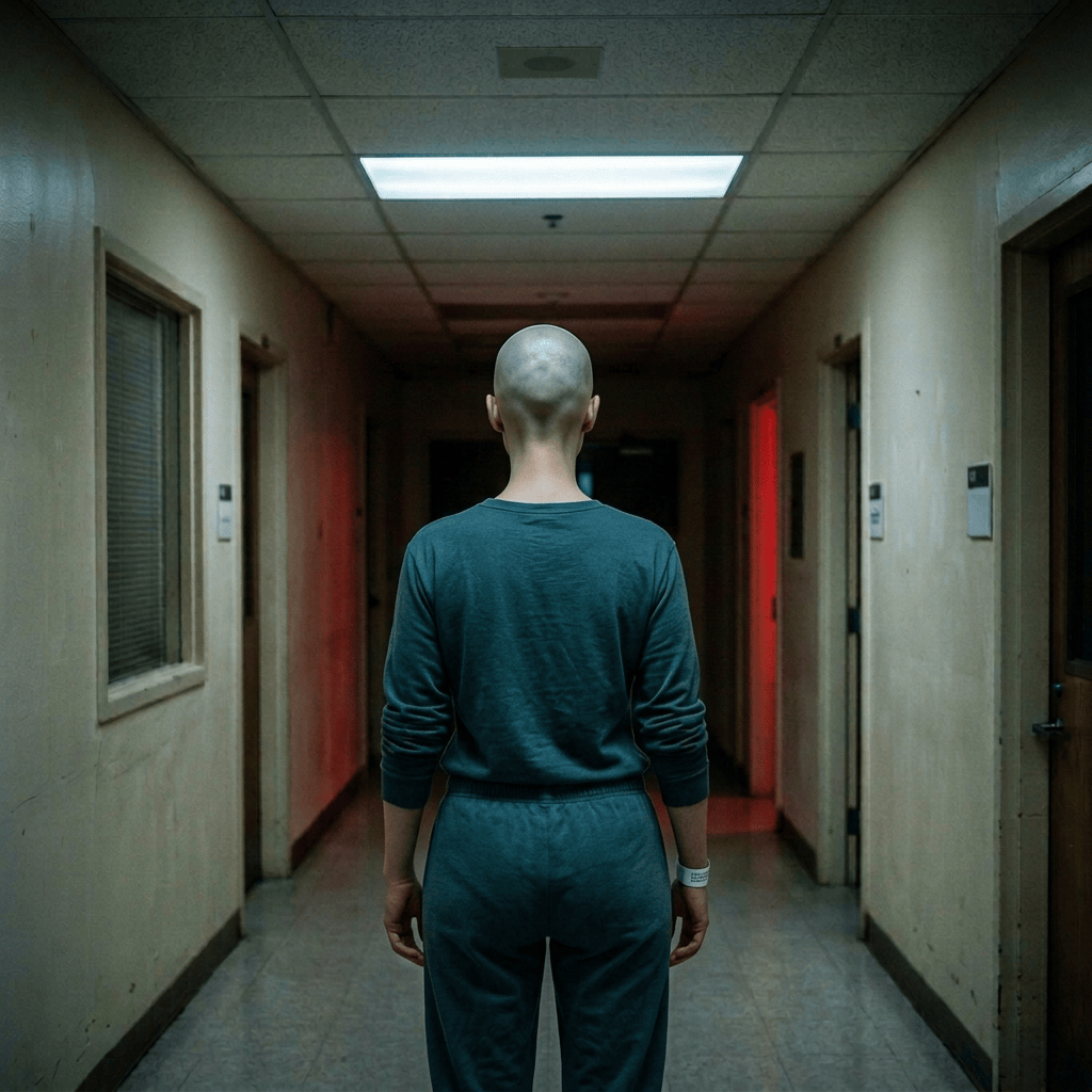 Man walking alone down a dim hallway toward a red-lit doorway