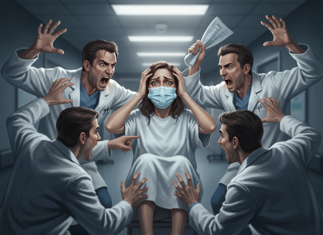 A respectful, non-graphic editorial illustration for a personal essay: a frightened adult woman wearing a hospital gown and a medical face mask, her wide terrified eyes clearly visible, surrounded closely by several people in white medical coats who are all yelling and gesticulating at once. Convey overwhelming panic, confusion, and sensory chaos through expressive poses and composition. No blood, no injuries, no gore, no readable text. Cinematic hospital lighting, emotionally intense but dignified, realistic painterly style, landscape orientation.